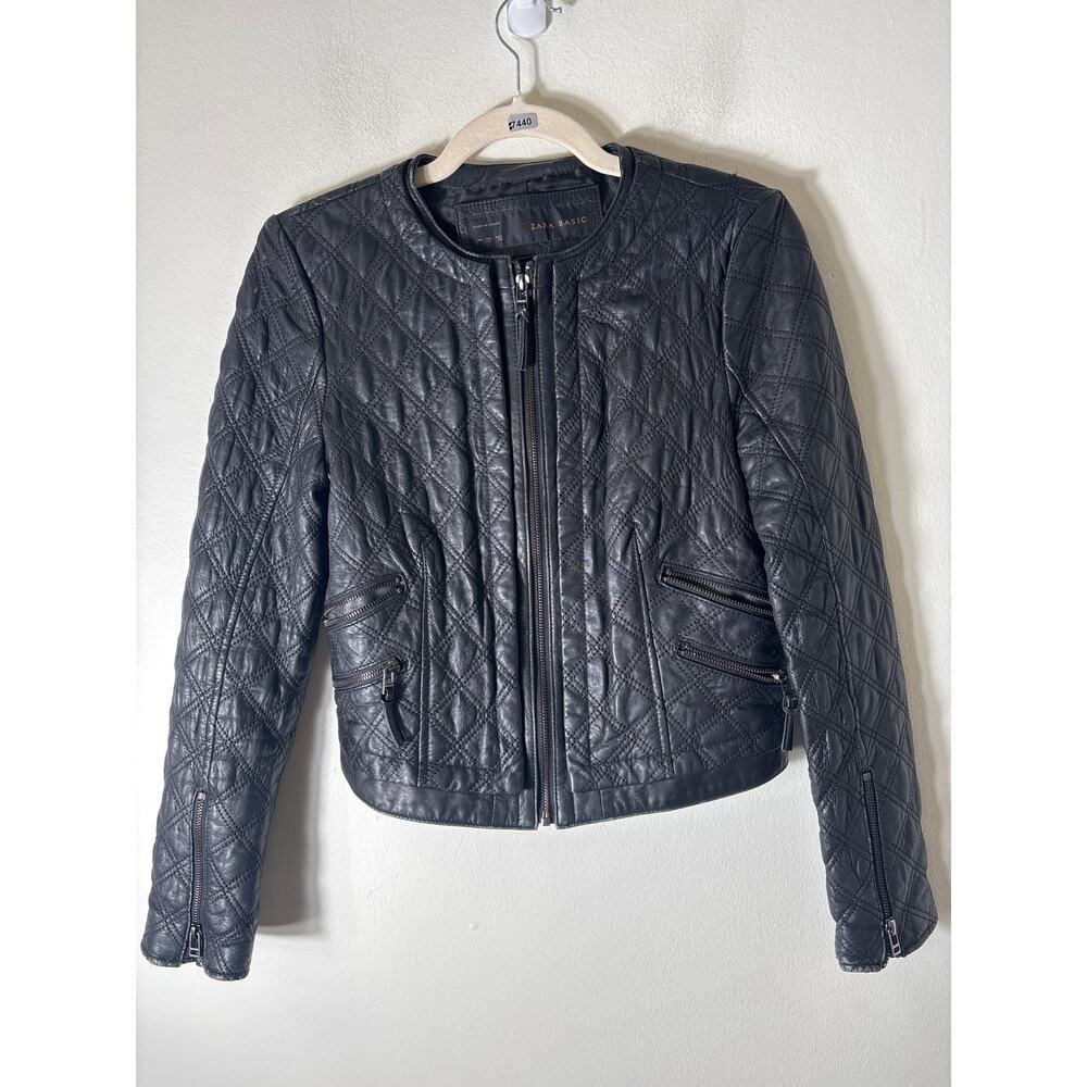 Zara Basics Black Quilted Leather Long Sleeve Cropped JAcket Sz M